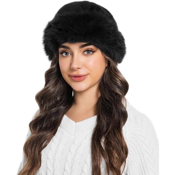 Women\'s Black Faux Fur Fluffy Bucket Hat Winter Warm Fuzzy Mongolian Hat main image 6